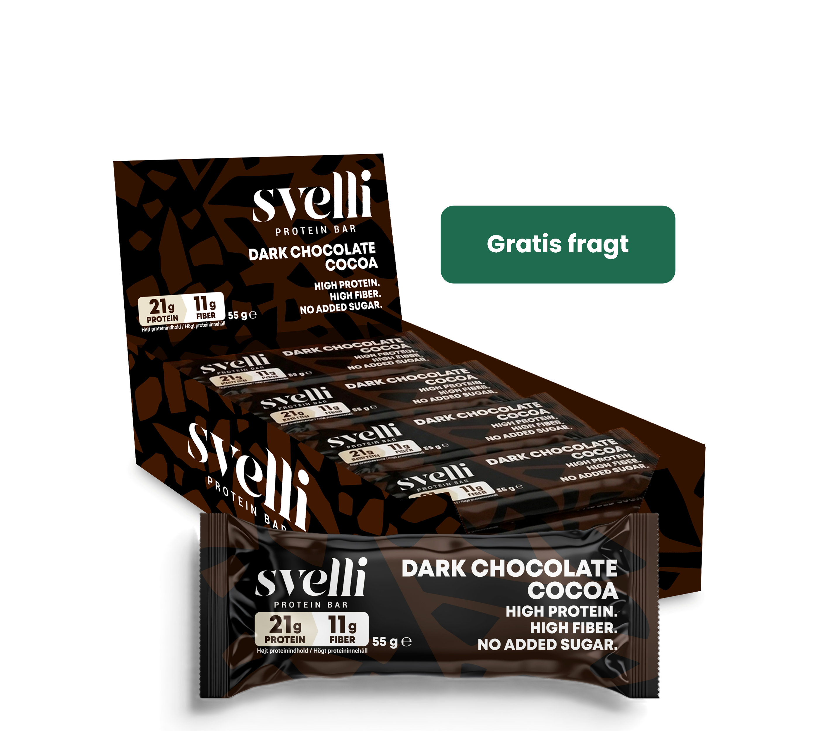 Svelli Dark Chocolate Cocoa Proteinbar - Uden tilsat sukker (16 x 55g)