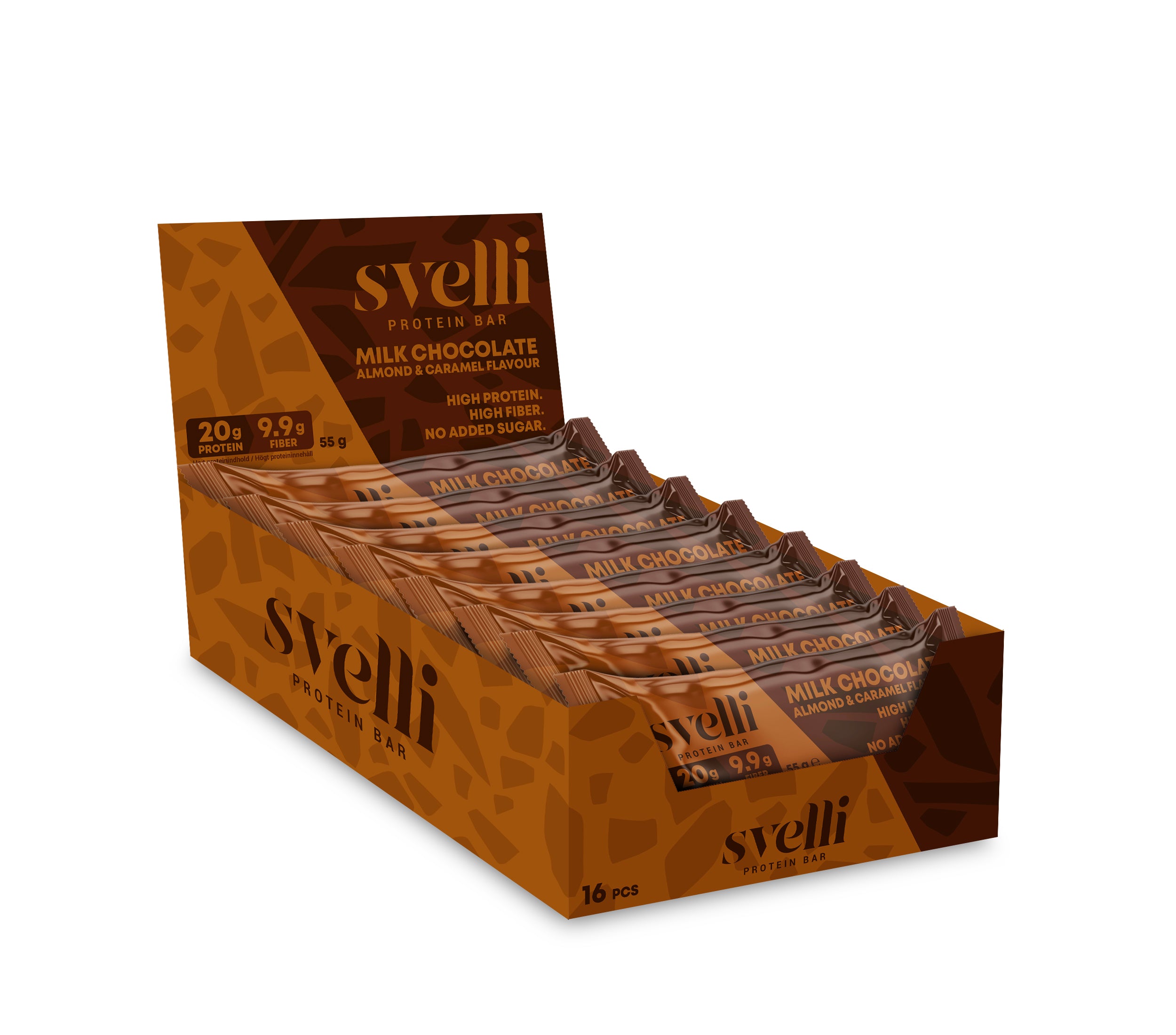 Svelli Milk Chocolate Almond & Caramel Proteinbar – Uden tilsat sukker (16 x 55g)