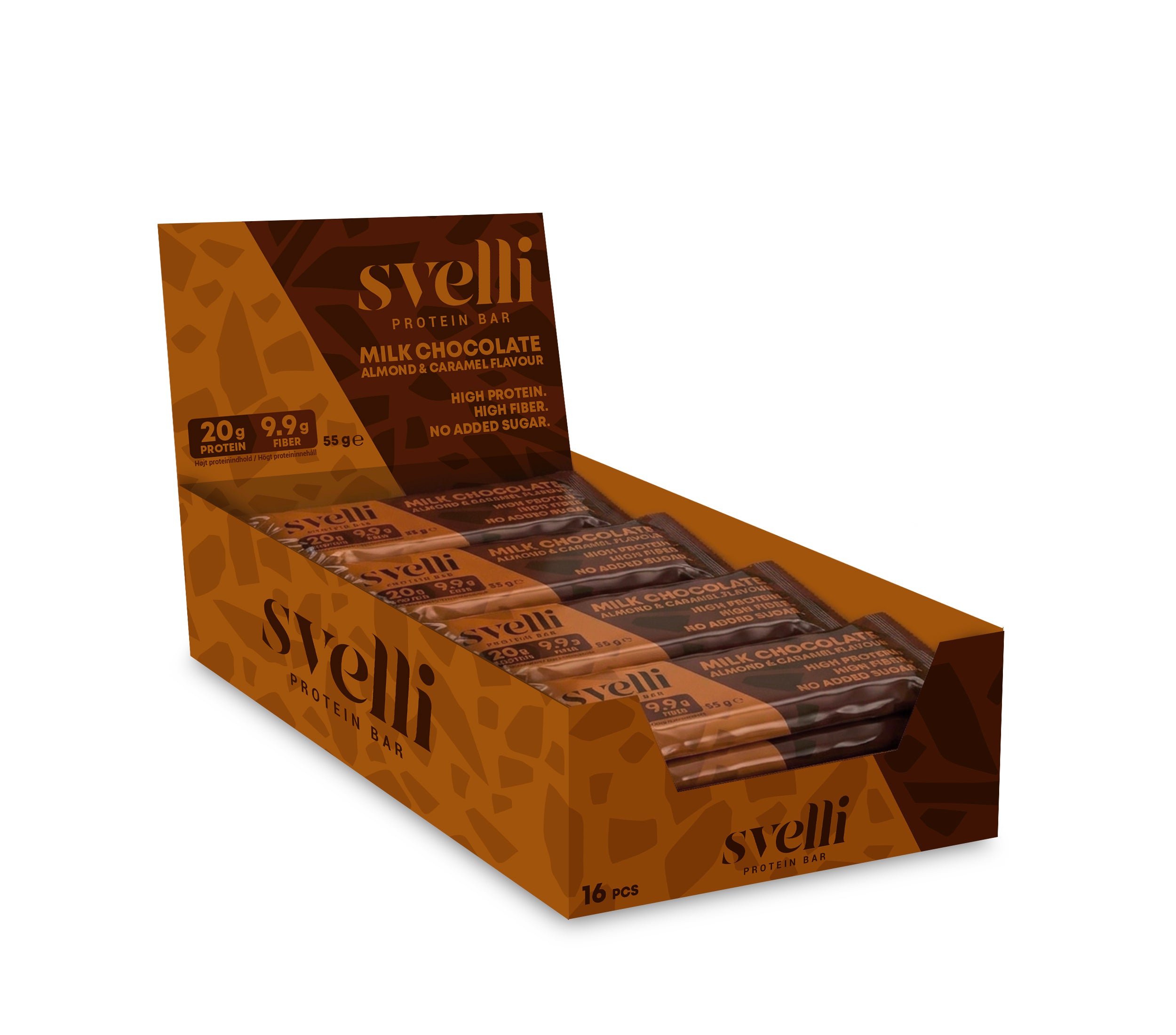 Svelli Milk Chocolate Almond & Caramel Proteinbar – Uden tilsat sukker (16 x 55g)
