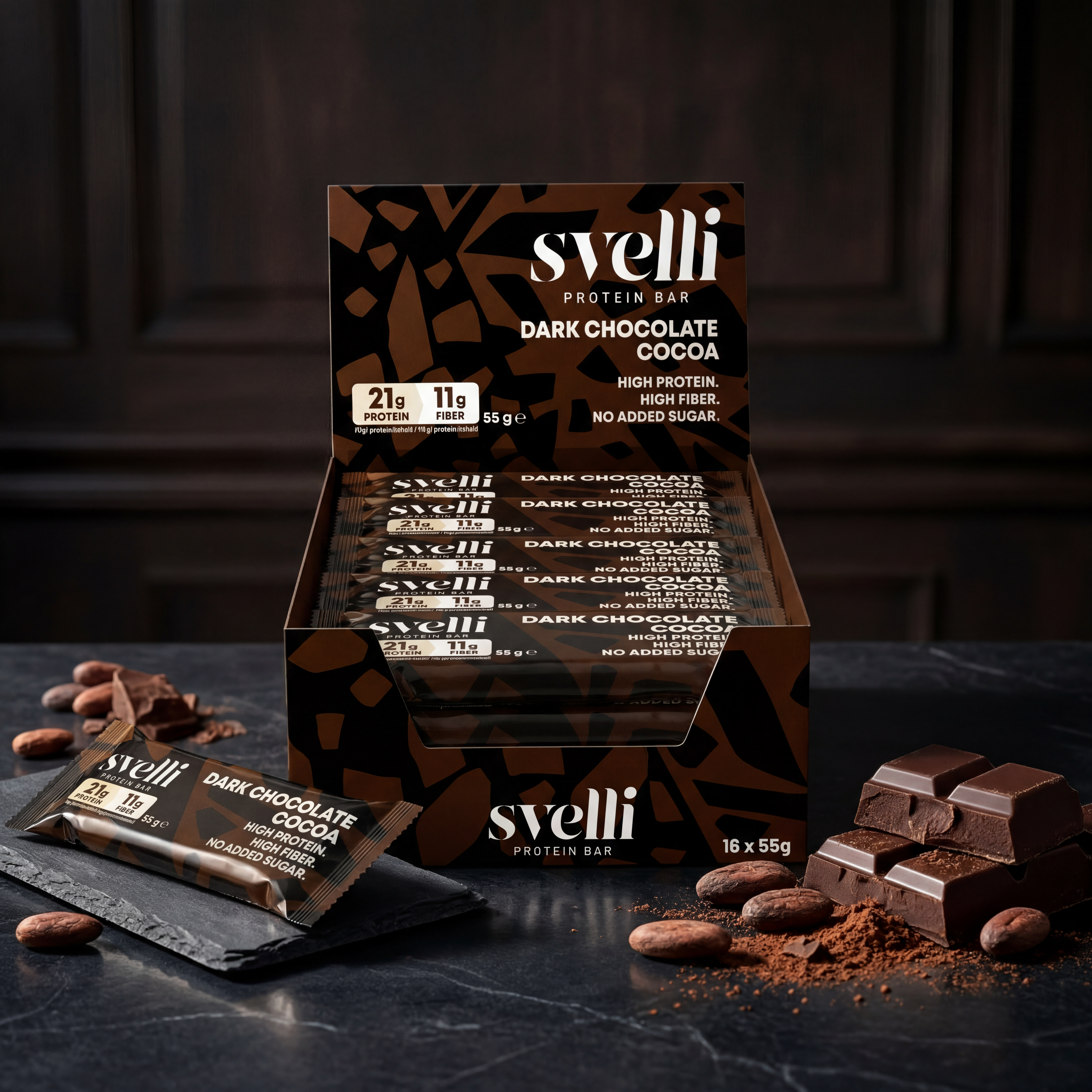Svelli Dark Chocolate Cocoa Proteinbar - Uden tilsat sukker (16 x 55g)