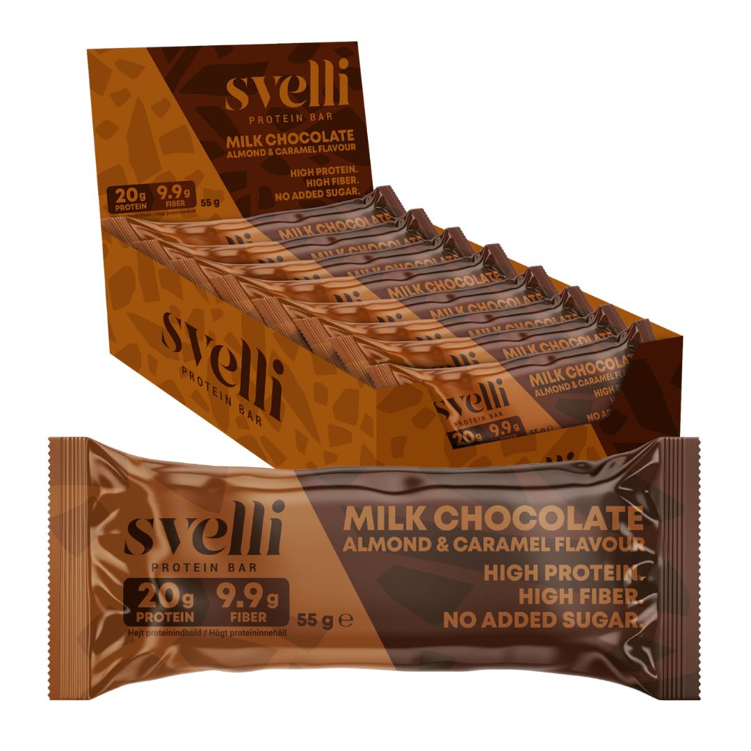 Svelli Milk Chocolate Almond & Caramel Proteinbar – Uden tilsat sukker (16 x 55g)