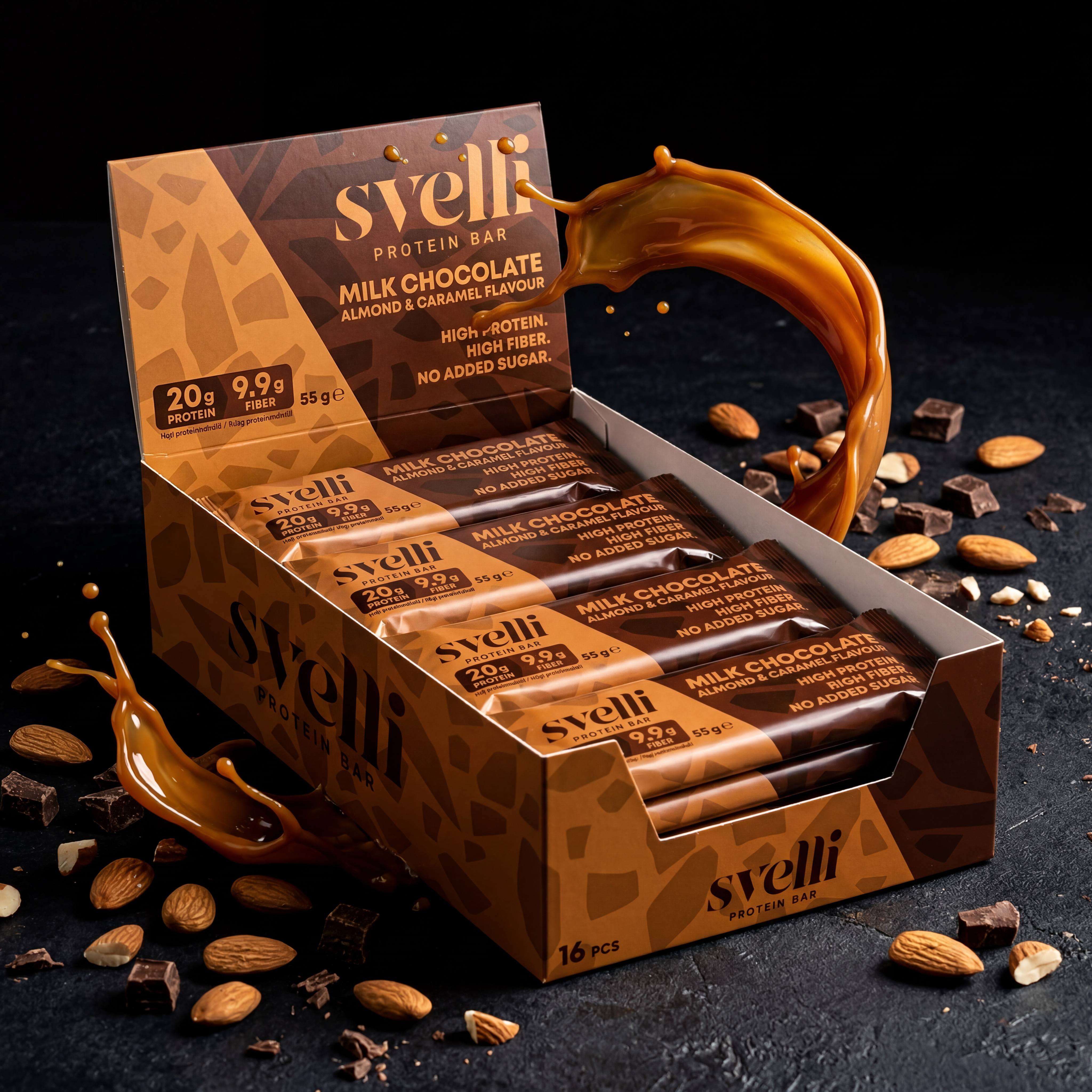 Svelli Milk Chocolate Almond & Caramel Proteinbar – Uden tilsat sukker (16 x 55g)